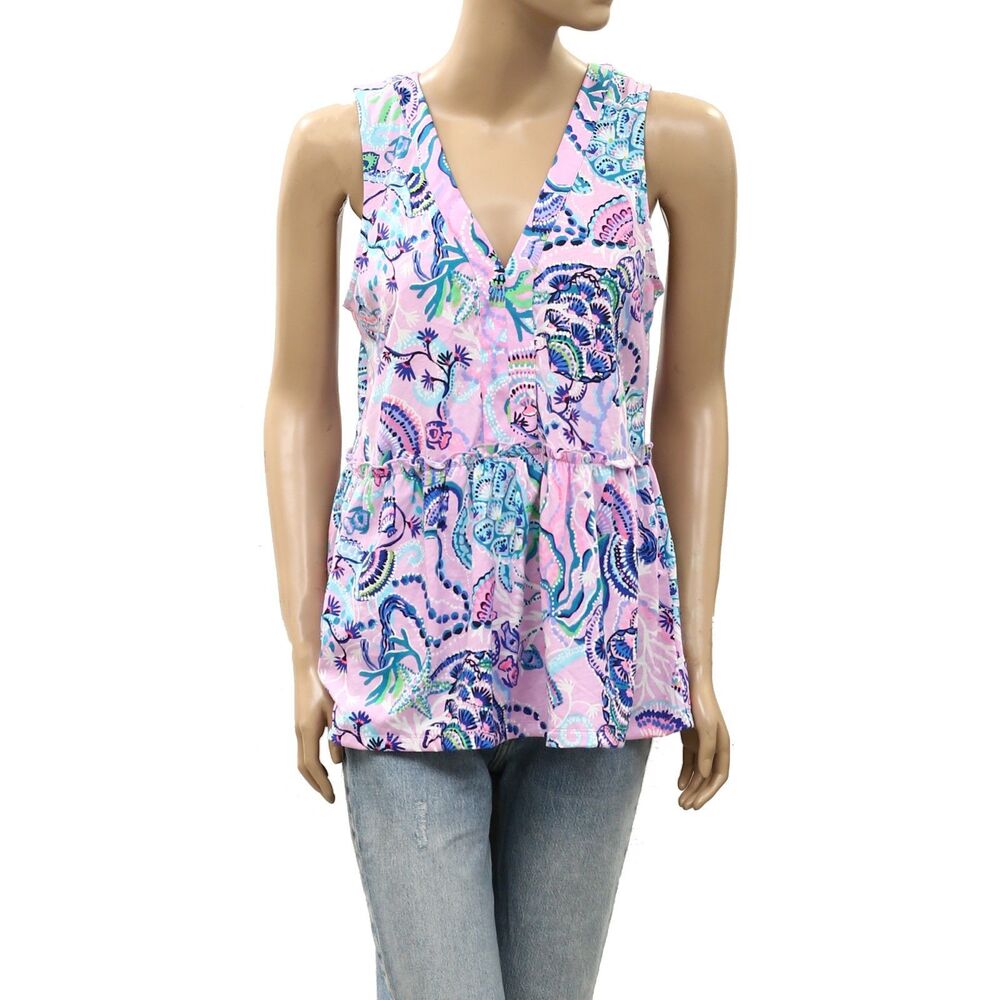Lilly Pulitzer Sleeveless Blouse Top Tiered Ruffle Sea Printed Cotton M 288337